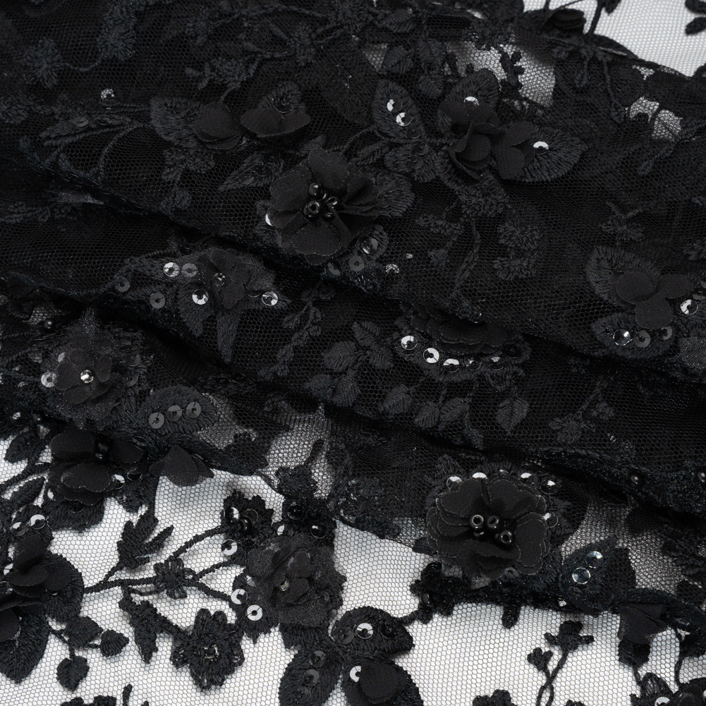 Embroidered 3D Lace with Beads and Sequins - Black Rose Bushes - Folded Embroidered 3D Lace with Beads and Sequins - Black Rose Bushes - Folded