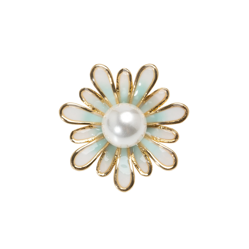 Enameled Metal and Pearl Shank Back Button - 36L/23mm - Green, Pearl White, and Gold Flower Enameled Metal and Pearl Shank Back Button - 36L/23mm - Green, Pearl White, and Gold Flower