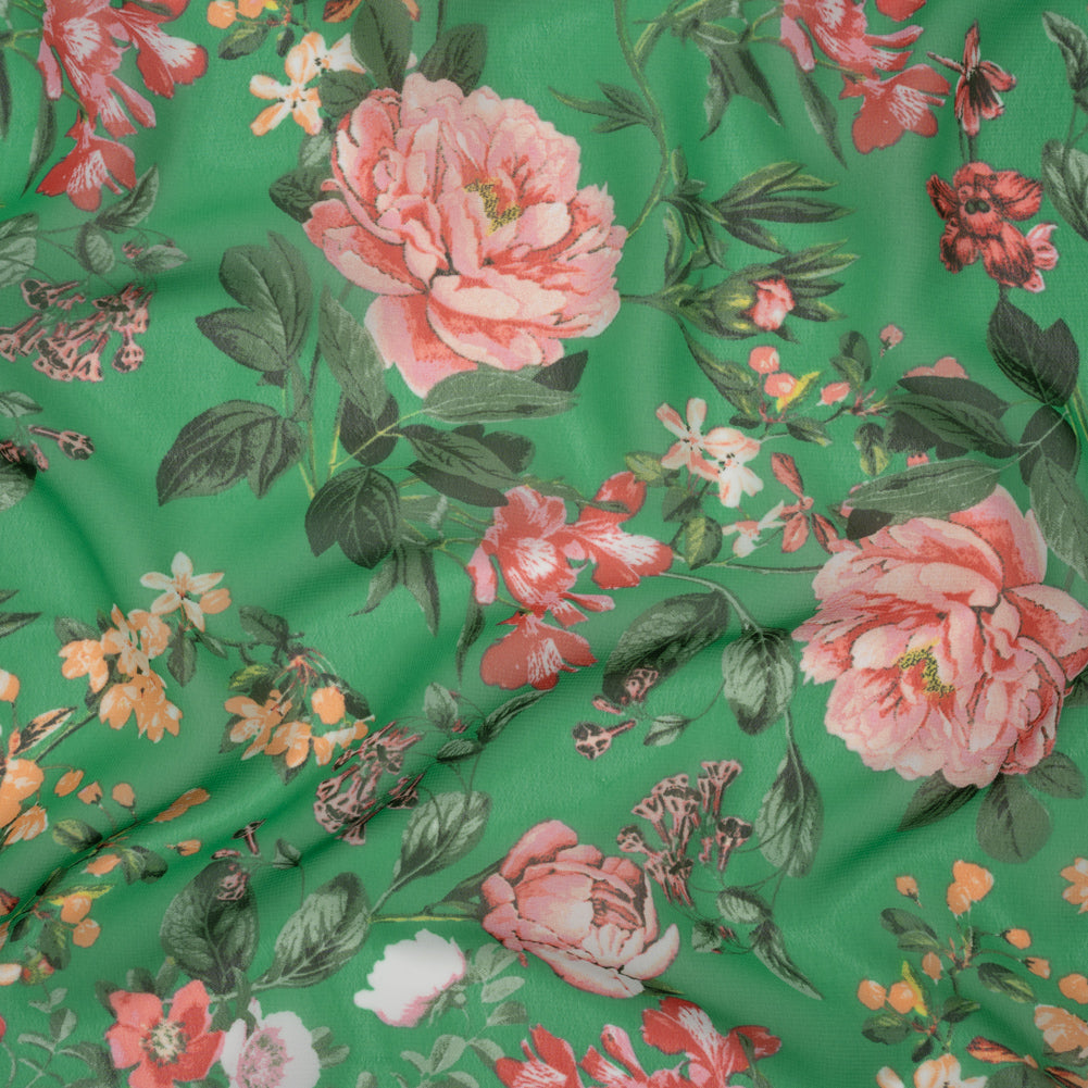Polyester Chiffon - Kelly Green and Pink Floral - Designer Deadstock Polyester Chiffon - Kelly Green and Pink Floral - Designer Deadstock