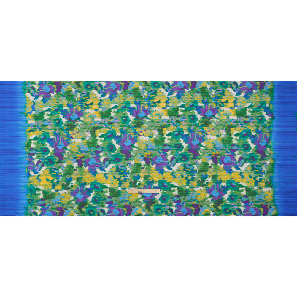 Stretch Polyester Seersucker - Bright Blue, Lime Green and Yellow Ikat Floral - Designer Deadstock - Full Stretch Polyester Seersucker - Bright Blue, Lime Green and Yellow Ikat Floral - Designer Deadstock - Full
