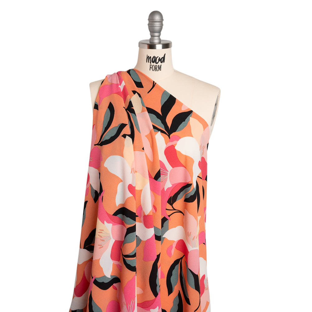 Stretch Polyester Crepe - Orange, Pink and White Floral - Designer Deadstock - Drape Stretch Polyester Crepe - Orange, Pink and White Floral - Designer Deadstock - Drape