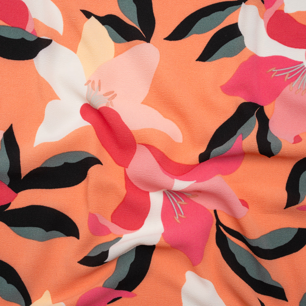 Stretch Polyester Crepe - Orange, Pink and White Floral - Designer Deadstock Stretch Polyester Crepe - Orange, Pink and White Floral - Designer Deadstock