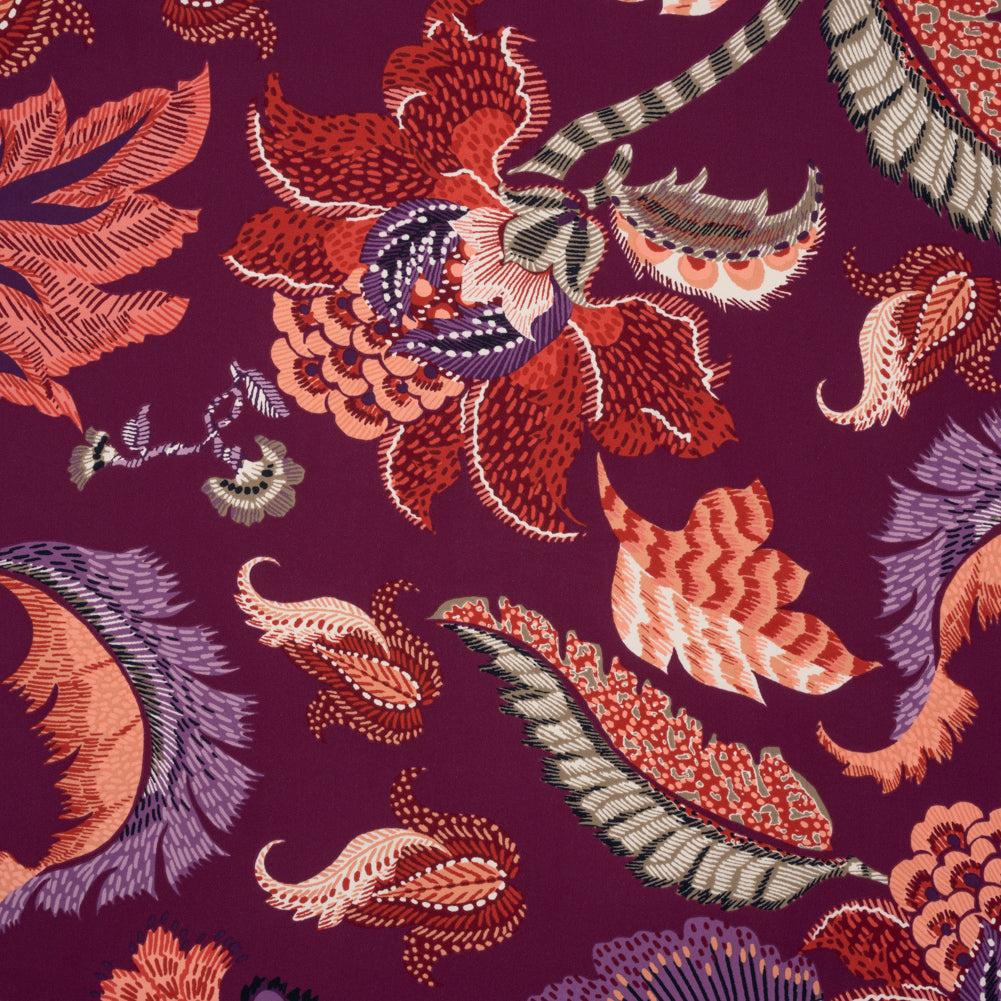 Polyester Crepe Print - Berry, Coral Pink, and Purple Jacobean Floral - Designer Deadstock Polyester Crepe Print - Berry, Coral Pink, and Purple Jacobean Floral - Designer Deadstock