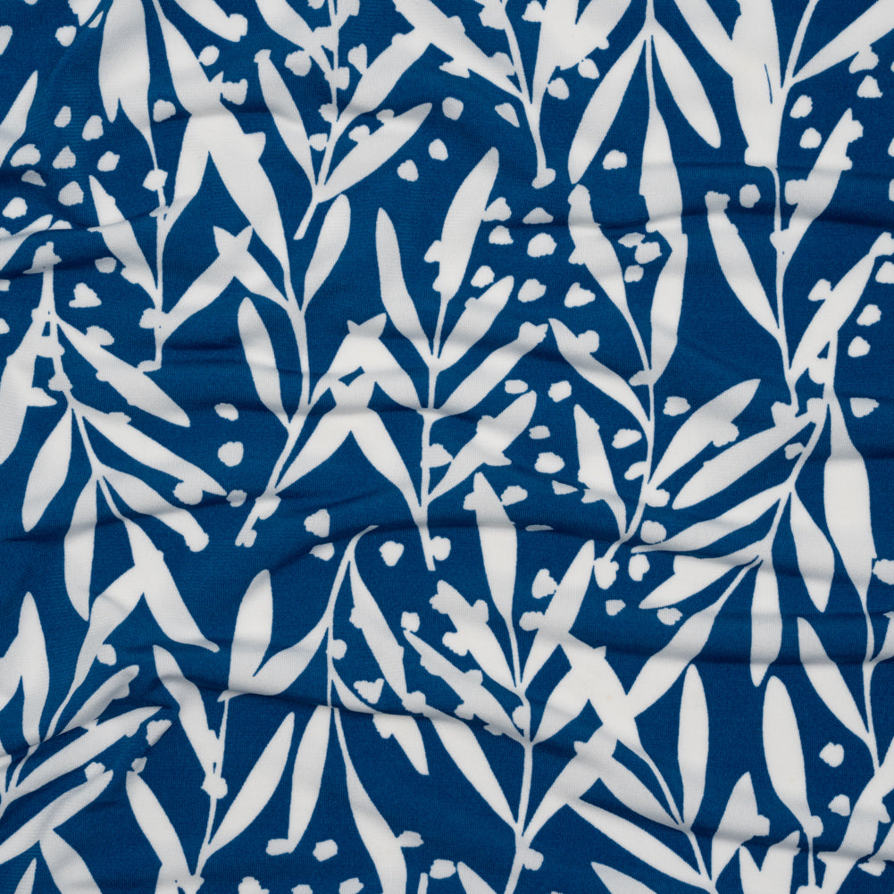 Stretch Polyester Tricot - Blue and White Leafy Stems - Designer Deadstock Stretch Polyester Tricot - Blue and White Leafy Stems - Designer Deadstock