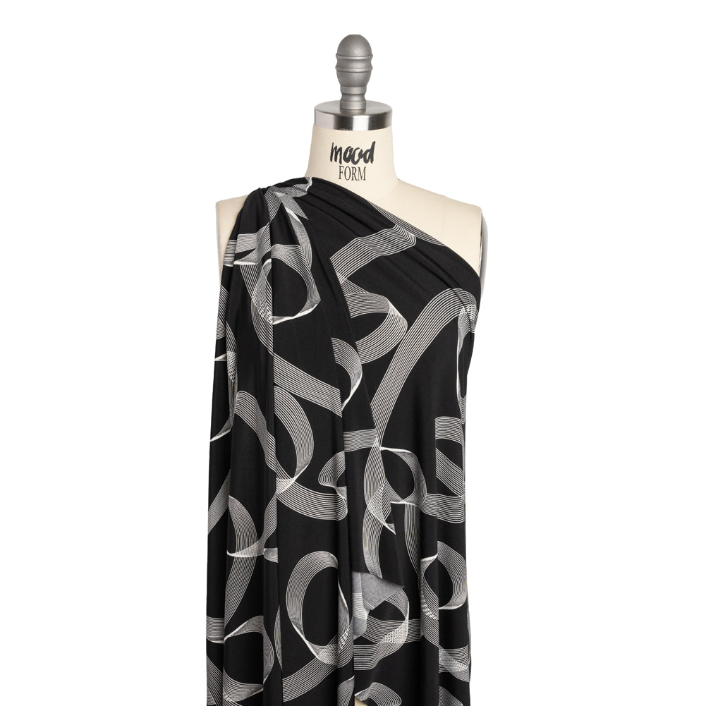 Stretch Polyester Tricot - Black and White Looping Lines - Designer Deadstock - Drape Stretch Polyester Tricot - Black and White Looping Lines - Designer Deadstock - Drape