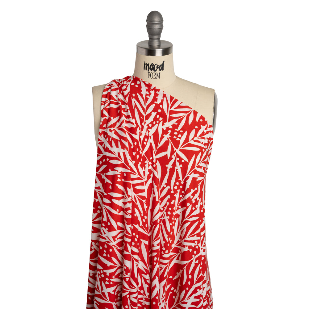 Stretch Polyester Tricot - Scarlet Red and White Leafy Stems - Designer Deadstock - Drape Stretch Polyester Tricot - Scarlet Red and White Leafy Stems - Designer Deadstock - Drape