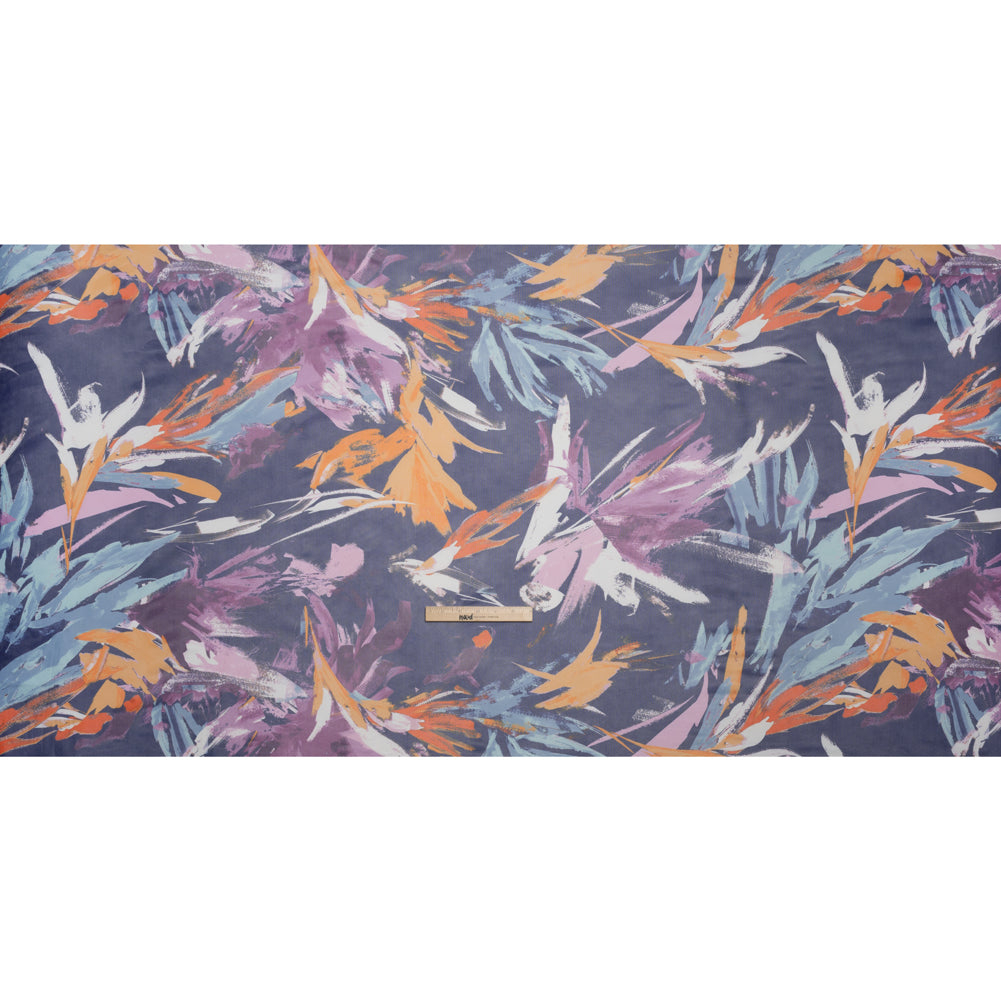Polyester Stretch Mesh - Navy, Plum Purple and Golden Yellow Abstracted Brushstroke Plants - Designer Deadstock - Full Polyester Stretch Mesh - Navy, Plum Purple and Golden Yellow Abstracted Brushstroke Plants - Designer Deadstock - Full