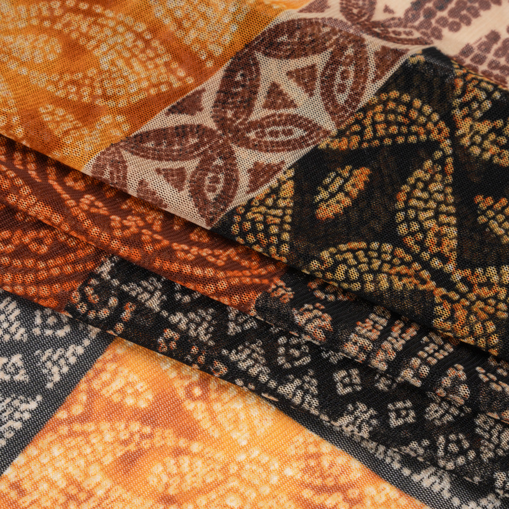Polyester Stretch Mesh - Black, Auburn and Golden Yellow Batik-Like Geometric Patchwork - Designer Deadstock - Folded Polyester Stretch Mesh - Black, Auburn and Golden Yellow Batik-Like Geometric Patchwork - Designer Deadstock - Folded