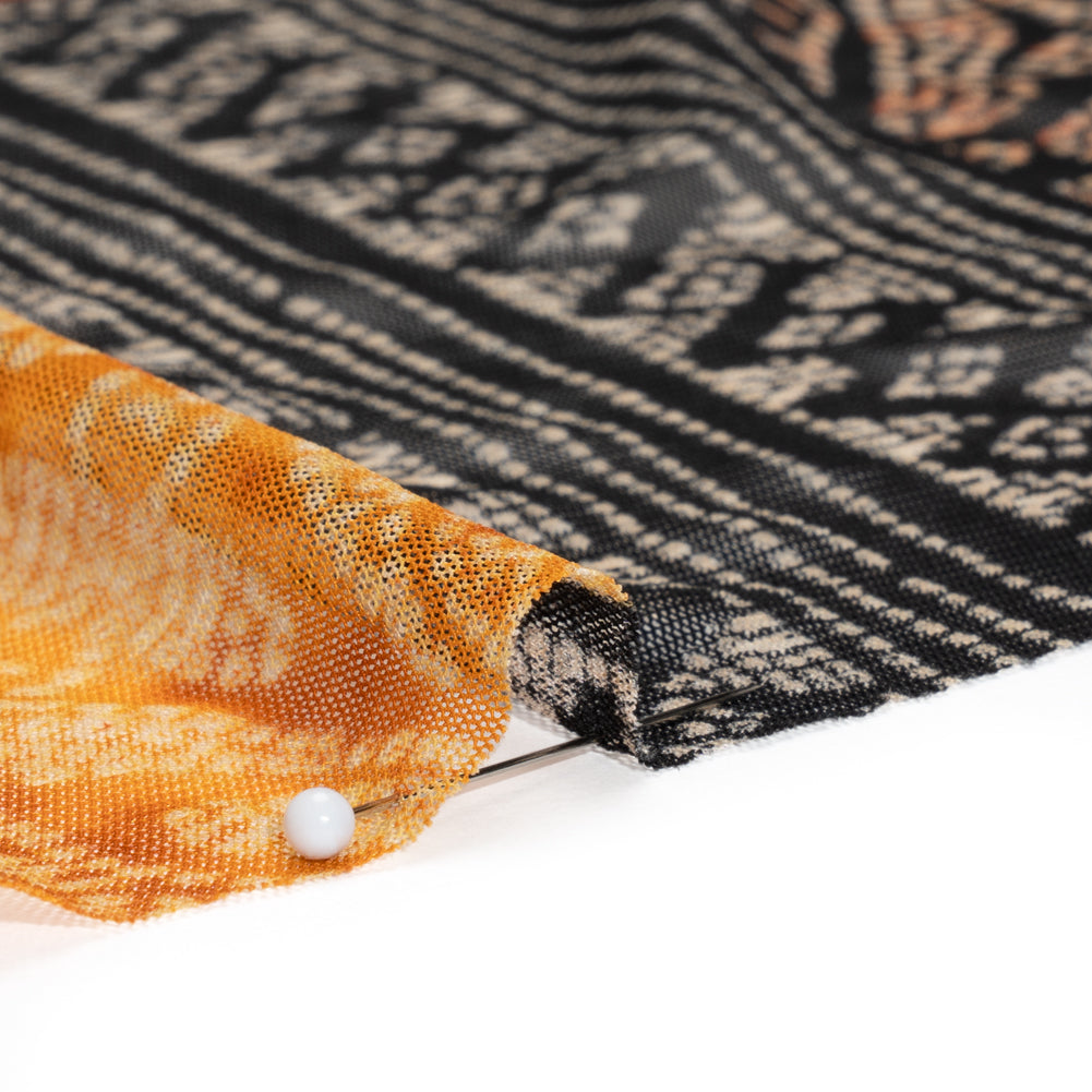 Polyester Stretch Mesh - Black, Auburn and Golden Yellow Batik-Like Geometric Patchwork - Designer Deadstock - Detail Polyester Stretch Mesh - Black, Auburn and Golden Yellow Batik-Like Geometric Patchwork - Designer Deadstock - Detail