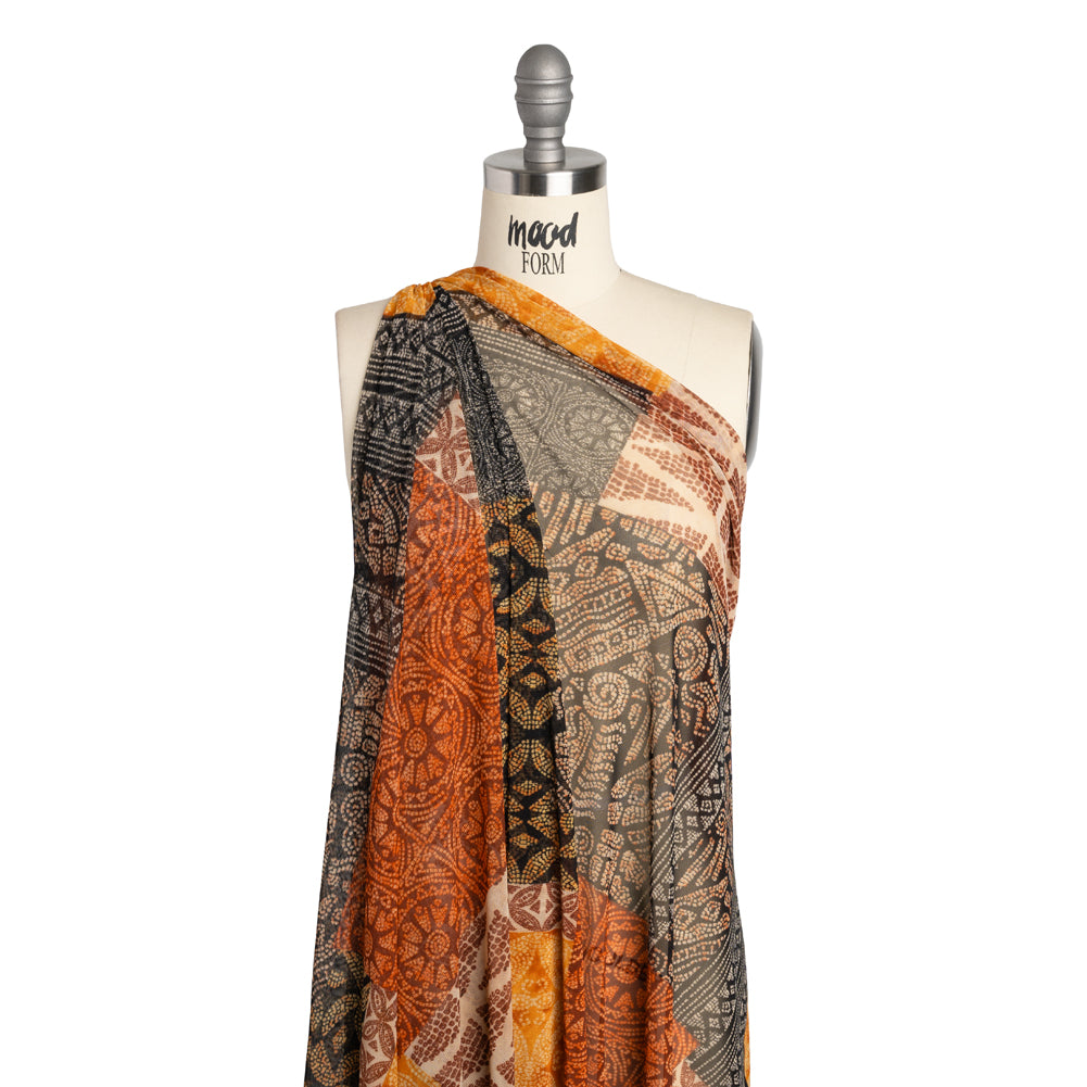 Polyester Stretch Mesh - Black, Auburn and Golden Yellow Batik-Like Geometric Patchwork - Designer Deadstock - Drape Polyester Stretch Mesh - Black, Auburn and Golden Yellow Batik-Like Geometric Patchwork - Designer Deadstock - Drape