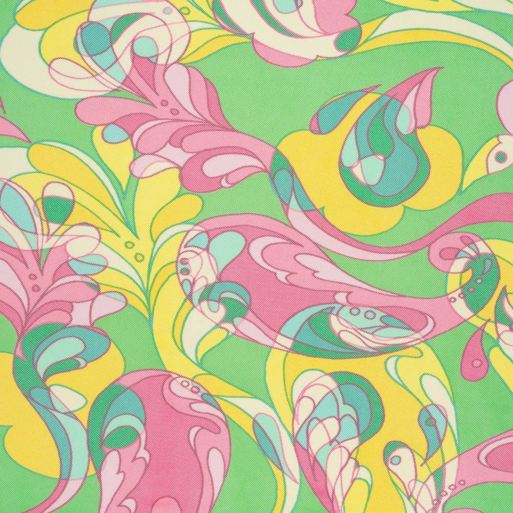 Polyester Stretch Mesh Print - Pink, Yellow and Green Retro Florals and Paisley - Designer Deadstock Polyester Stretch Mesh Print - Pink, Yellow and Green Retro Florals and Paisley - Designer Deadstock