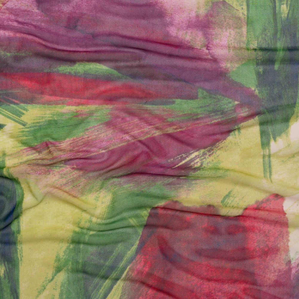 Polyester Stretch Mesh - Green, Berry Red and Butterceam Painted Palm Leaves - Designer Deadstock Polyester Stretch Mesh - Green, Berry Red and Butterceam Painted Palm Leaves - Designer Deadstock
