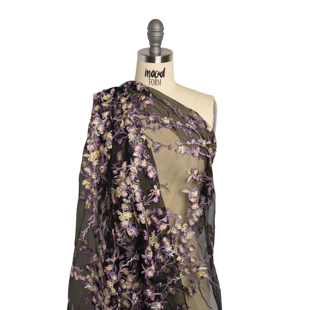 Embroidered Lace on Black Tulle - Lilac, Butter Yellow and White Floral - Designer Deadstock - Drape Embroidered Lace on Black Tulle - Lilac, Butter Yellow and White Floral - Designer Deadstock - Drape