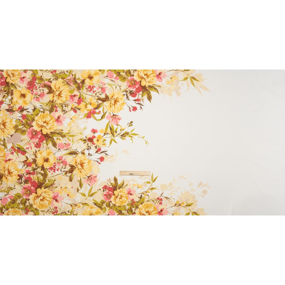 Stretch Polyester Crepe Double Knit - Ivory, Butter Yellow and Rose Pink Floral Border - Designer Deadstock - Full Stretch Polyester Crepe Double Knit - Ivory, Butter Yellow and Rose Pink Floral Border - Designer Deadstock - Full