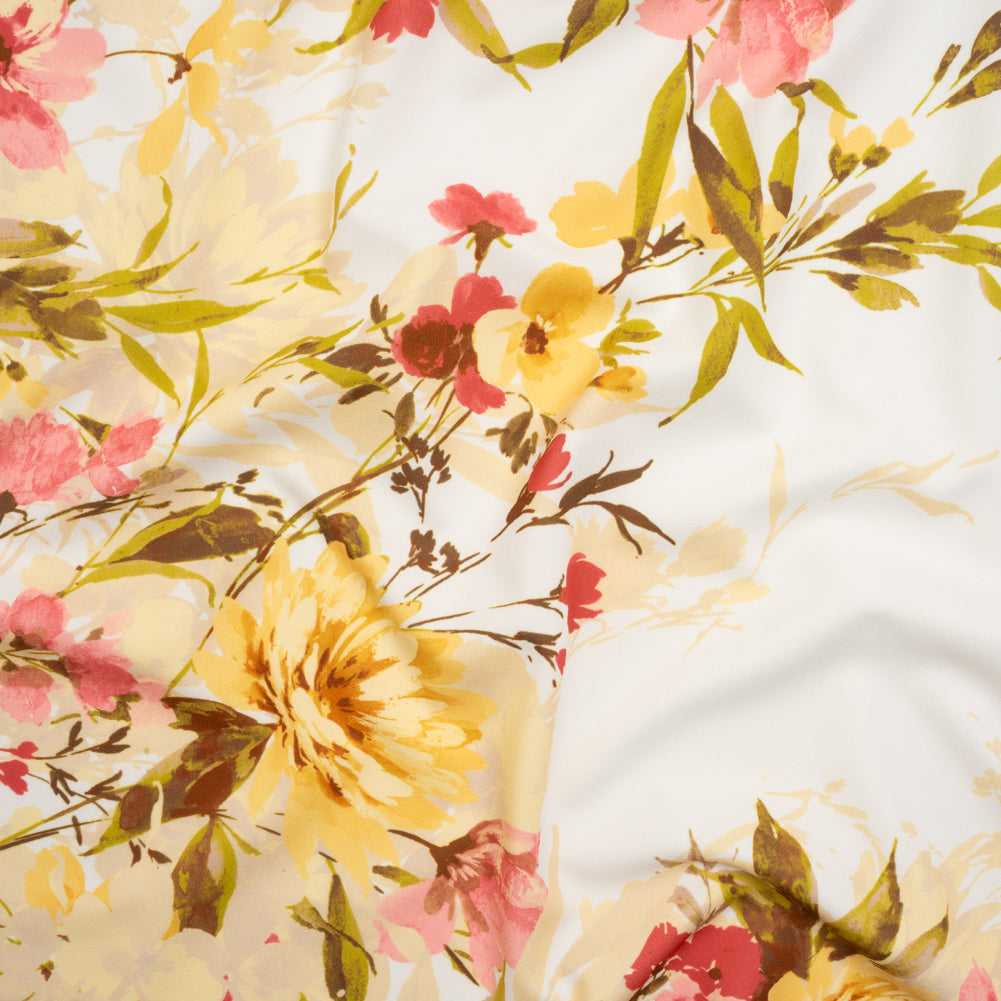 Stretch Polyester Crepe Double Knit - Ivory, Butter Yellow and Rose Pink Floral Border - Designer Deadstock Stretch Polyester Crepe Double Knit - Ivory, Butter Yellow and Rose Pink Floral Border - Designer Deadstock
