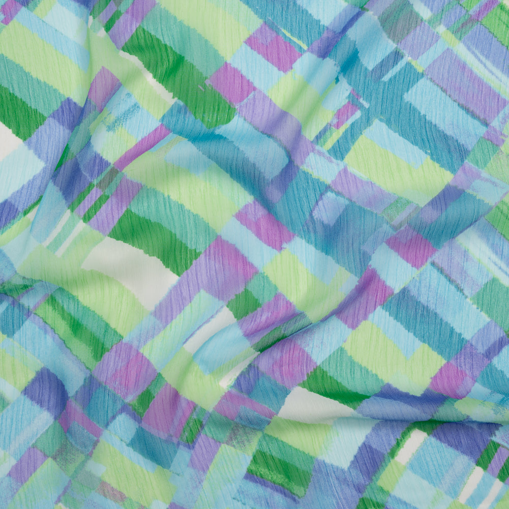 Crinkled Polyester Chiffon Print - Blue, Lime Green and Purple Painted Plaid - Designer Deadstock Crinkled Polyester Chiffon Print - Blue, Lime Green and Purple Painted Plaid - Designer Deadstock