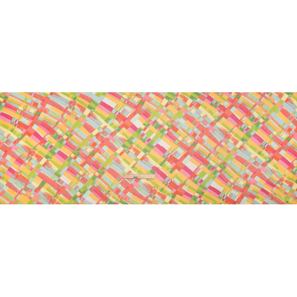 Crinkled Polyester Chiffon Print - Yellow, Lime Green and Pink Painted Plaid - Designer Deadstock - Full Crinkled Polyester Chiffon Print - Yellow, Lime Green and Pink Painted Plaid - Designer Deadstock - Full