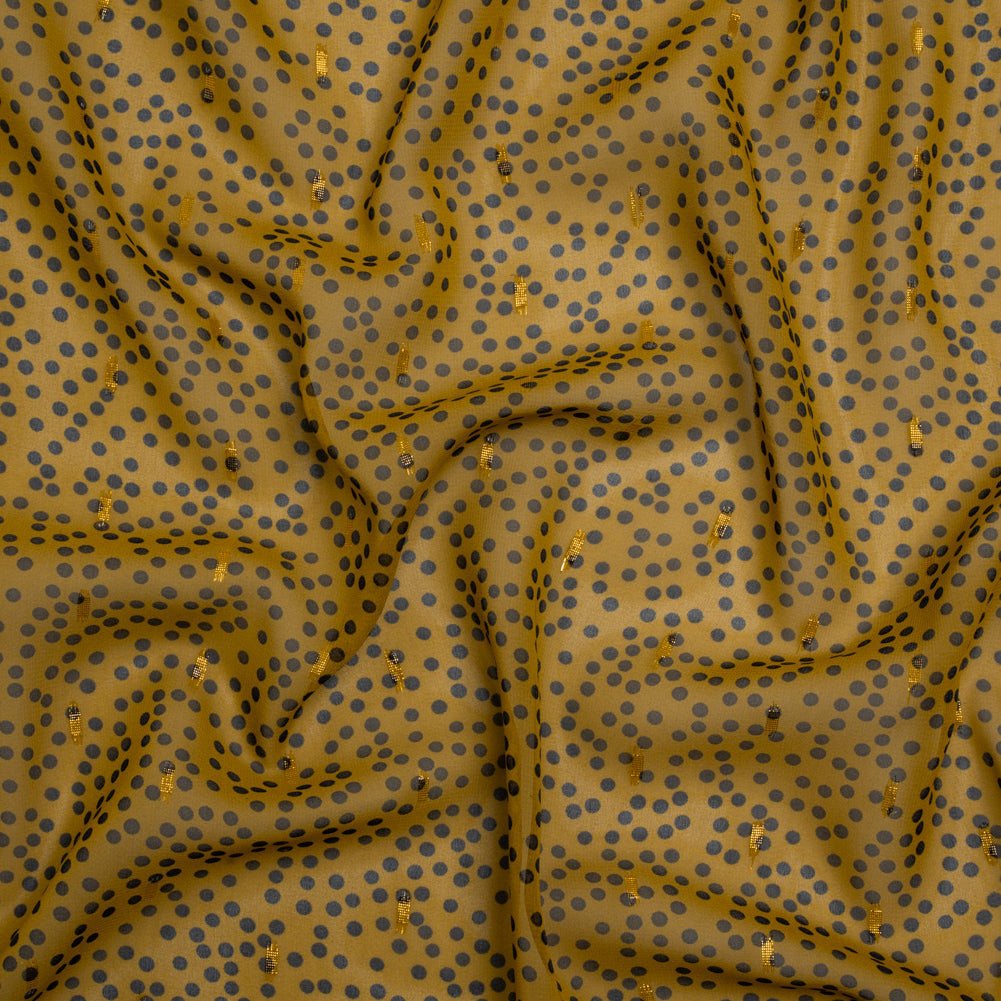 Polyester Chiffon with Gold Metallic Dots - Golden Olive and Black Little Dots - Made in Italy Polyester Chiffon with Gold Metallic Dots - Golden Olive and Black Little Dots - Made in Italy