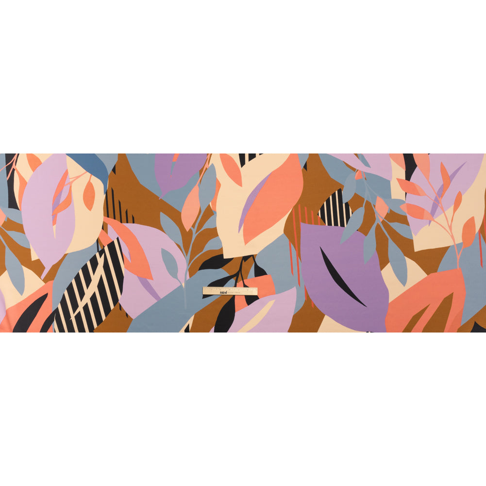 Polyester Crepe Back Satin - Blue, Lavender and Beige Leaves - Made in Italy Full Polyester Crepe Back Satin - Blue, Lavender and Beige Leaves - Made in Italy Full