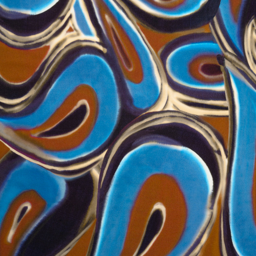 Rayon Crepe de Chine - Blue, Dark Purple and Burnt Orange Abstract Swirls - Made in Italy Rayon Crepe de Chine - Blue, Dark Purple and Burnt Orange Abstract Swirls - Made in Italy