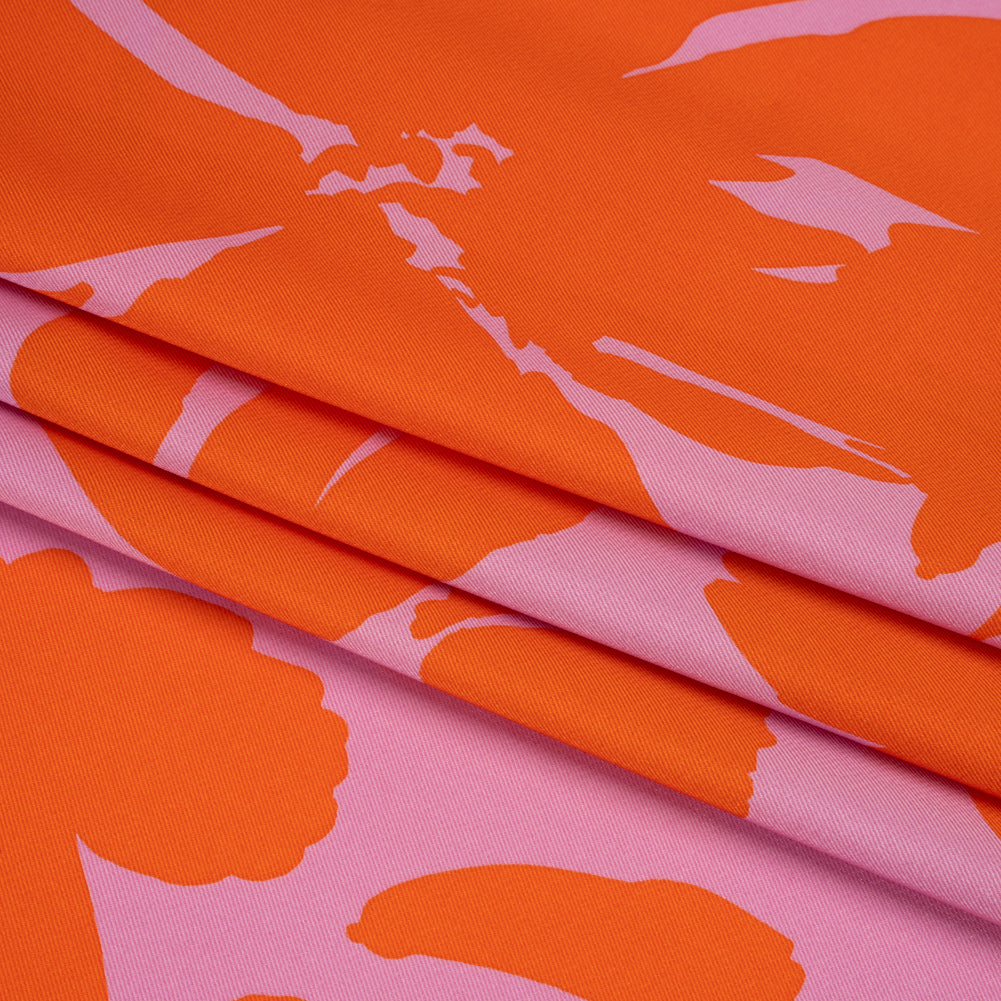 Polyester Twill - Pink and Red-Orange Florals and Striped Borders - Made in Italy Folded Polyester Twill - Pink and Red-Orange Florals and Striped Borders - Made in Italy Folded