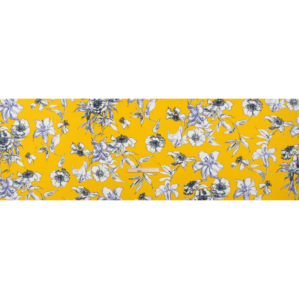 Polyester Satin-Backed Crepe - Yellow, Navy and Black Floral Sketches - Made in Italy Full Polyester Satin-Backed Crepe - Yellow, Navy and Black Floral Sketches - Made in Italy Full