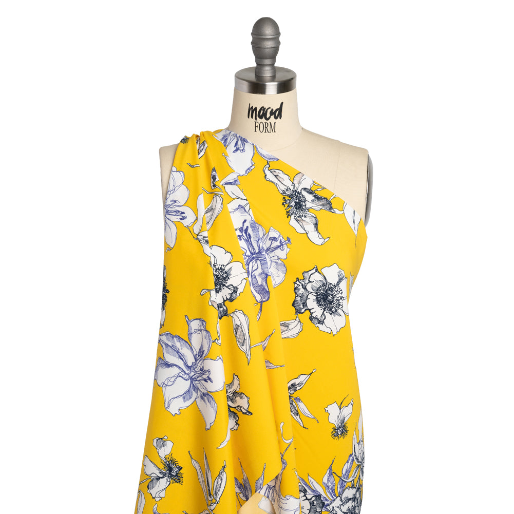Polyester Satin-Backed Crepe - Yellow, Navy and Black Floral Sketches - Made in Italy Drape Polyester Satin-Backed Crepe - Yellow, Navy and Black Floral Sketches - Made in Italy Drape