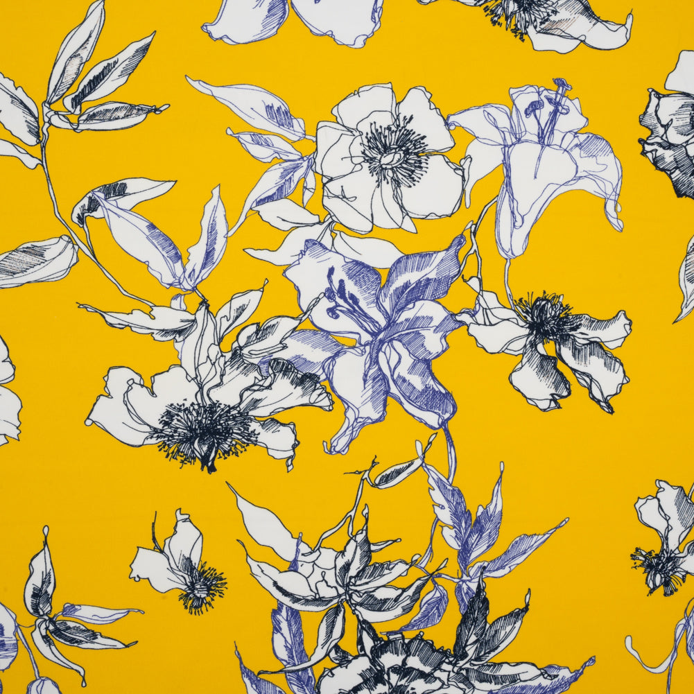 Polyester Satin-Backed Crepe - Yellow, Navy and Black Floral Sketches - Made in Italy Polyester Satin-Backed Crepe - Yellow, Navy and Black Floral Sketches - Made in Italy