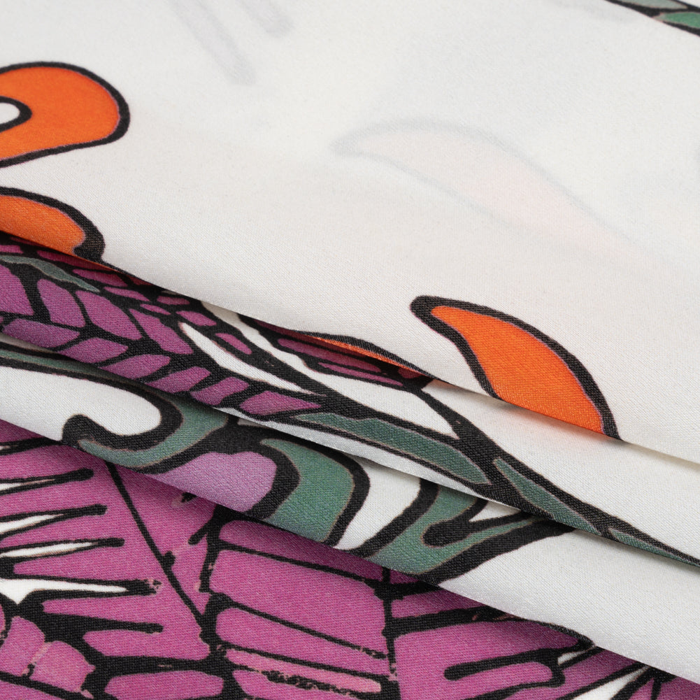 Washed Polyester Satin - Purple, Orange and White Palm Leaves - Made in Italy Folded Washed Polyester Satin - Purple, Orange and White Palm Leaves - Made in Italy Folded