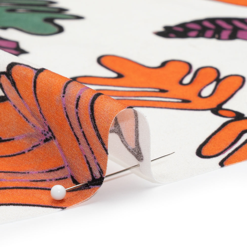 Washed Polyester Satin - Purple, Orange and White Palm Leaves - Made in Italy Detail Washed Polyester Satin - Purple, Orange and White Palm Leaves - Made in Italy Detail