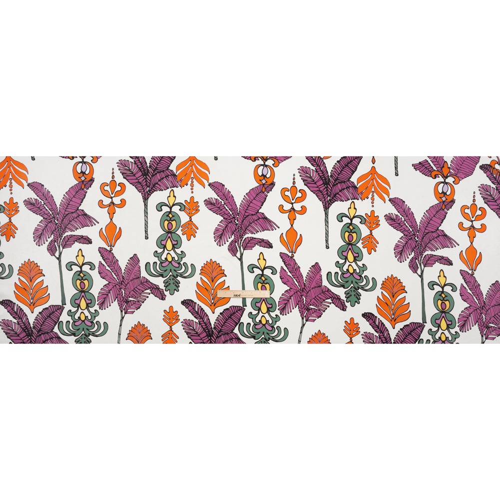 Washed Polyester Satin - Purple, Orange and White Palm Leaves - Made in Italy Full Washed Polyester Satin - Purple, Orange and White Palm Leaves - Made in Italy Full