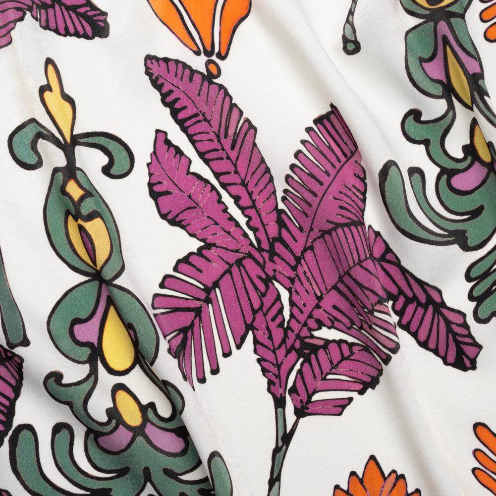 Washed Polyester Satin - Purple, Orange and White Palm Leaves - Made in Italy Washed Polyester Satin - Purple, Orange and White Palm Leaves - Made in Italy