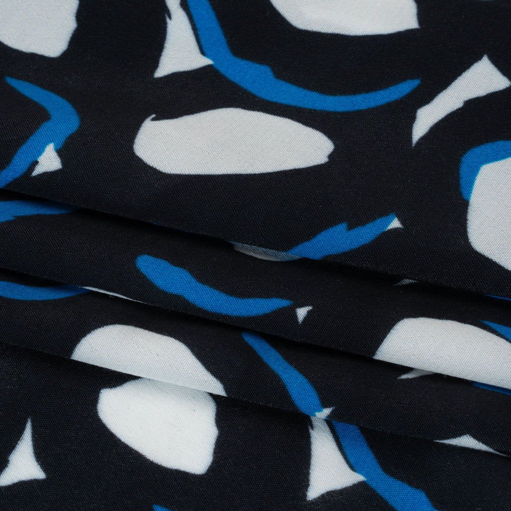 Rayon Crepe de Chine Made in Italy - Black, White and Blue Abstract Spots - Deadstock - Folded Rayon Crepe de Chine Made in Italy - Black, White and Blue Abstract Spots - Deadstock - Folded