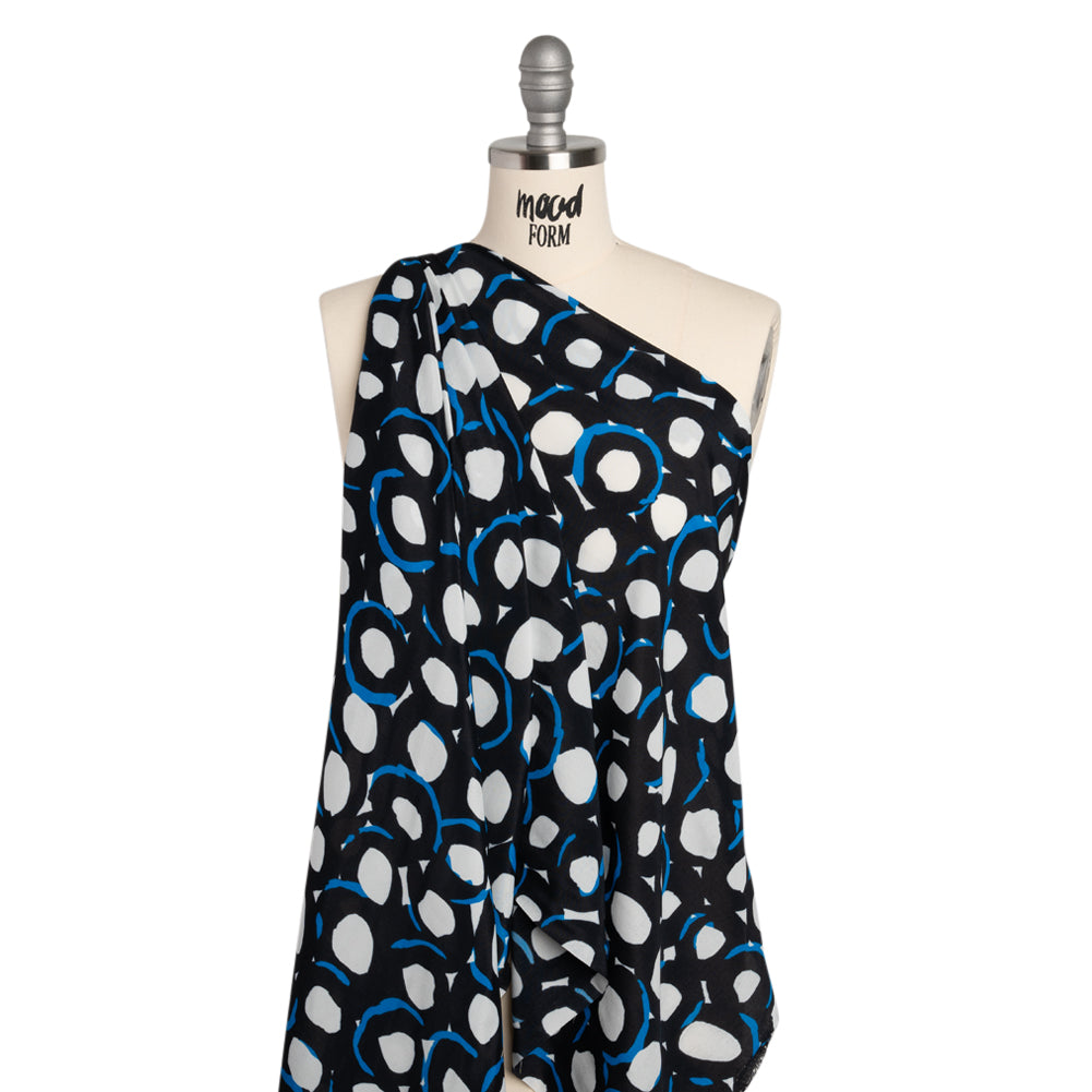 Rayon Crepe de Chine Made in Italy - Black, White and Blue Abstract Spots - Deadstock - Drape Rayon Crepe de Chine Made in Italy - Black, White and Blue Abstract Spots - Deadstock - Drape