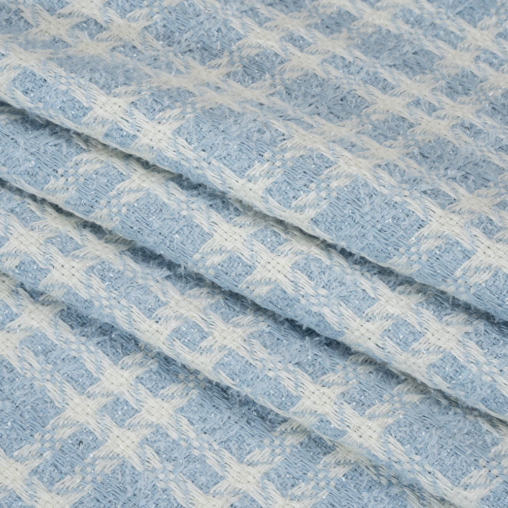 Cotton and Polyester Plaid Tweed with Baby Sequins and Eyelash Fringe - Baby Blue and White - Deadstock - Folded Cotton and Polyester Plaid Tweed with Baby Sequins and Eyelash Fringe - Baby Blue and White - Deadstock - Folded