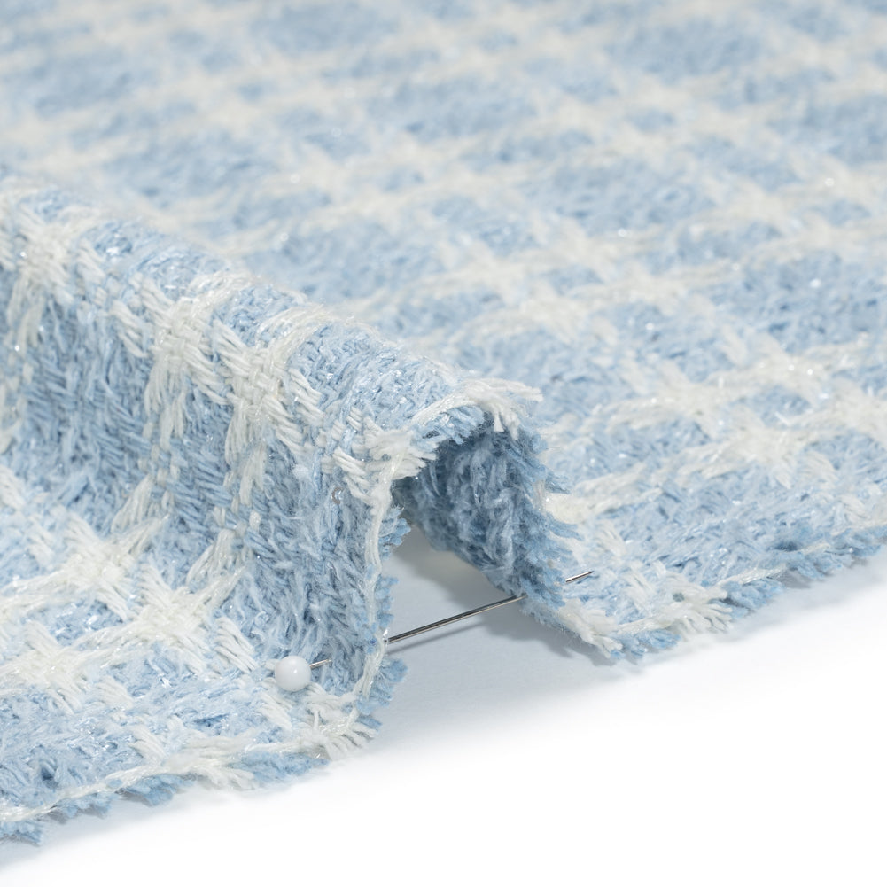 Cotton and Polyester Plaid Tweed with Baby Sequins and Eyelash Fringe - Baby Blue and White - Deadstock - Detail Cotton and Polyester Plaid Tweed with Baby Sequins and Eyelash Fringe - Baby Blue and White - Deadstock - Detail