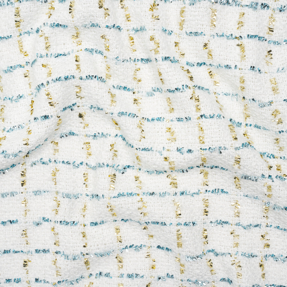 Polyester Boucle Tweed with Plaid Metallic Eyelash Fringe - White, Sky Blue and Gold - Deadstock Polyester Boucle Tweed with Plaid Metallic Eyelash Fringe - White, Sky Blue and Gold - Deadstock