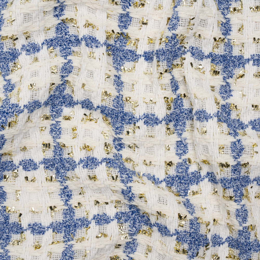 Polyester Boucle Tweed with Metallic Eyelash Fringe - White, Cobalt Blue and Gold Plaid - Deadstock Polyester Boucle Tweed with Metallic Eyelash Fringe - White, Cobalt Blue and Gold Plaid - Deadstock