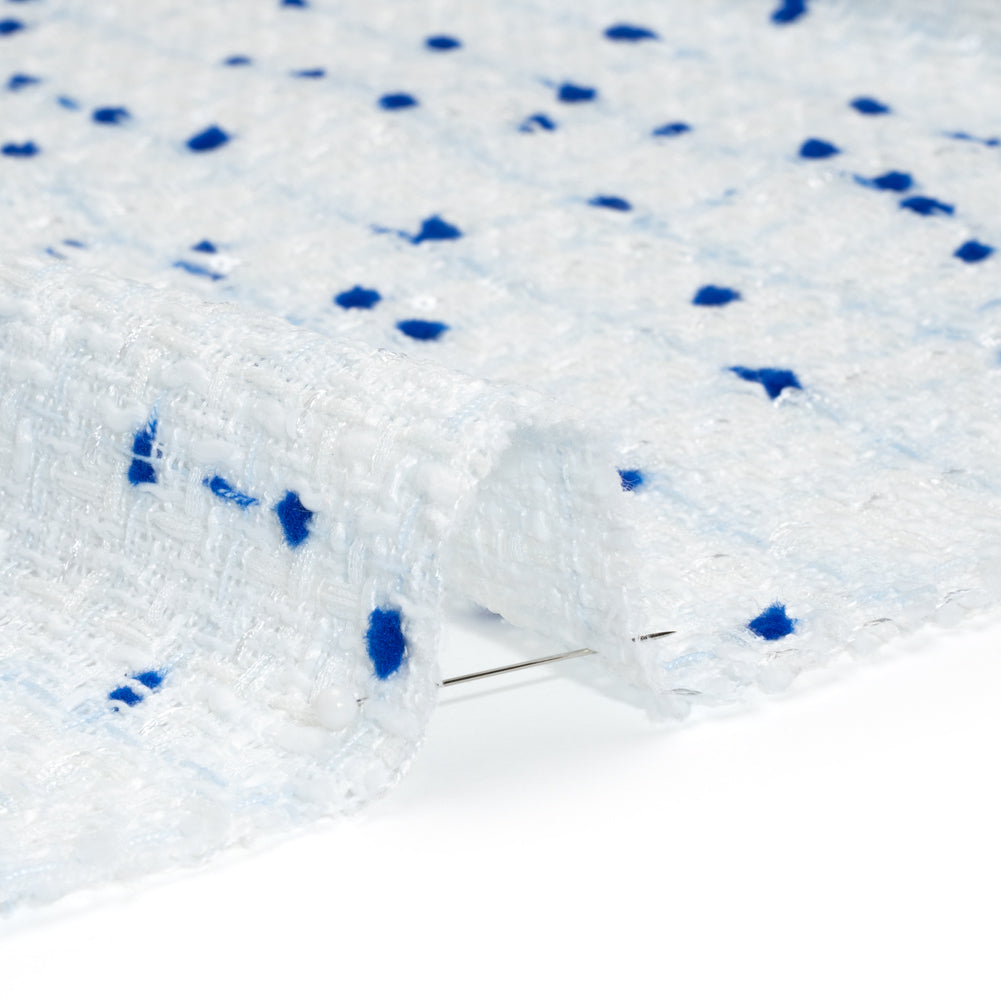 Polyester Pom Pom Tweed with Baby Sequins - White and Cobalt Blue - Deadstock - Detail Polyester Pom Pom Tweed with Baby Sequins - White and Cobalt Blue - Deadstock - Detail