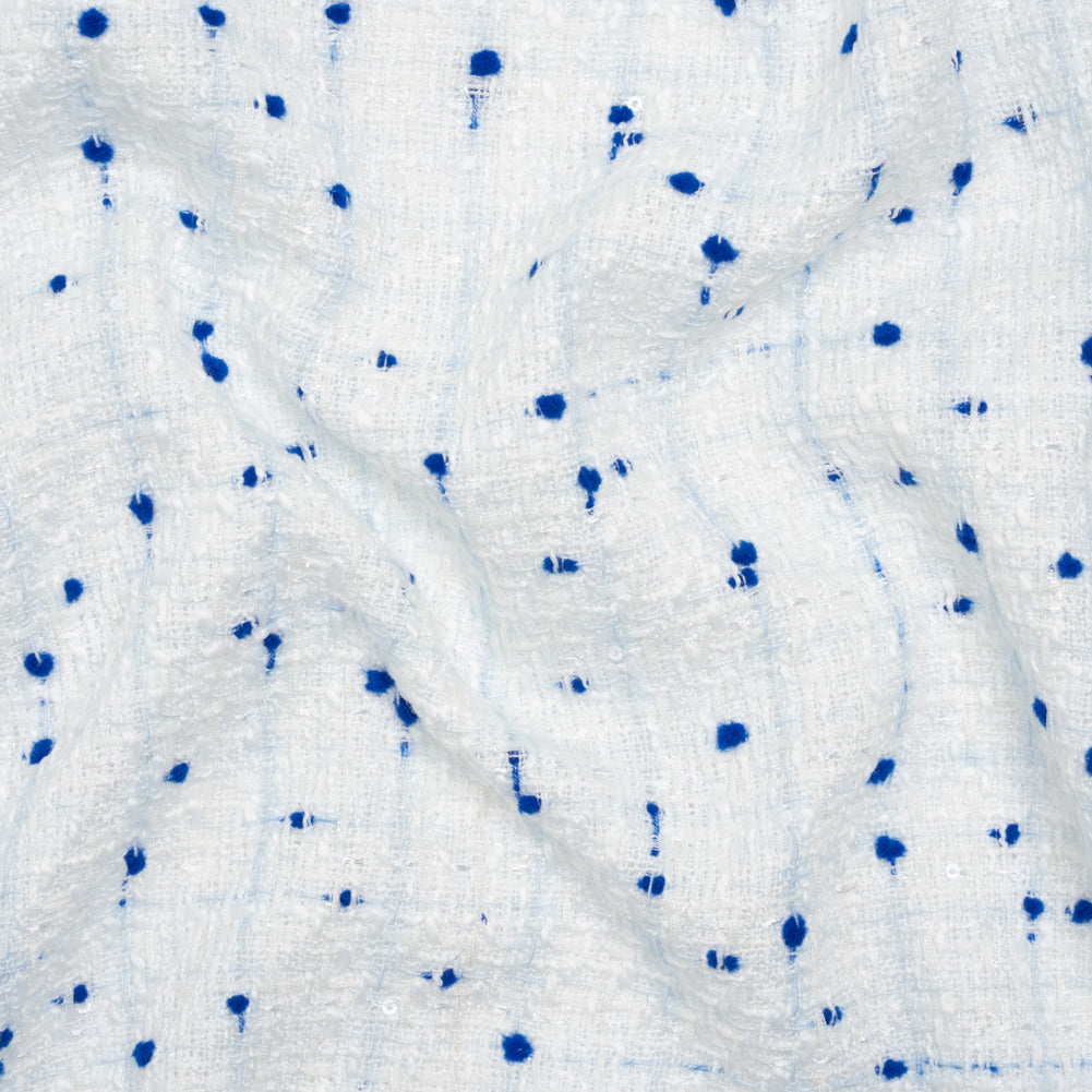 Polyester Pom Pom Tweed with Baby Sequins - White and Cobalt Blue - Deadstock Polyester Pom Pom Tweed with Baby Sequins - White and Cobalt Blue - Deadstock