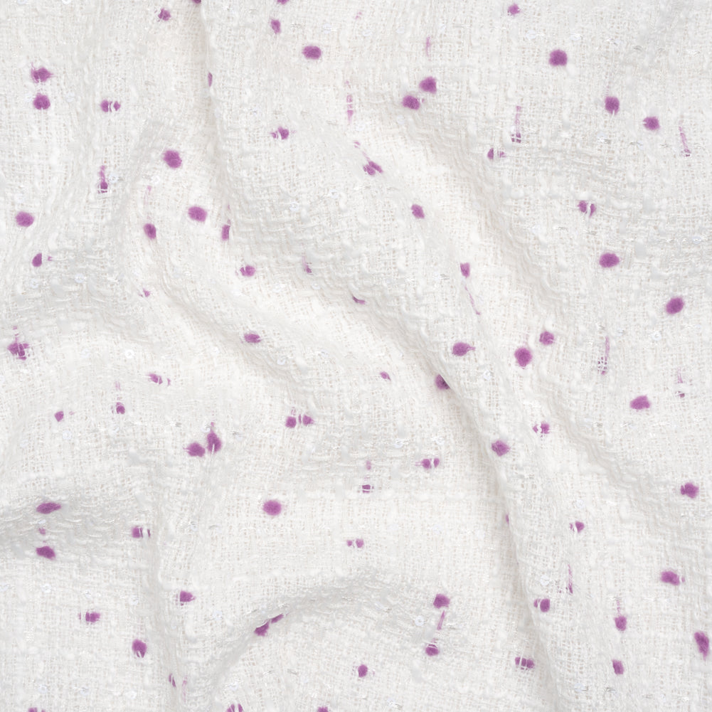 Polyester Pom Pom Tweed with Baby Sequins - White and Lavender Purple - Deadstock Polyester Pom Pom Tweed with Baby Sequins - White and Lavender Purple - Deadstock