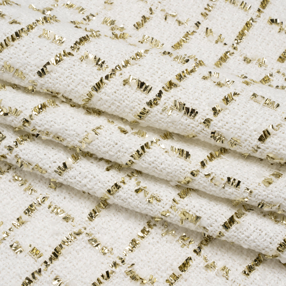 Polyester Boucle Tweed with Plaid Metallic Eyelash Fringe - White and Gold - Deadstock - Folded Polyester Boucle Tweed with Plaid Metallic Eyelash Fringe - White and Gold - Deadstock - Folded