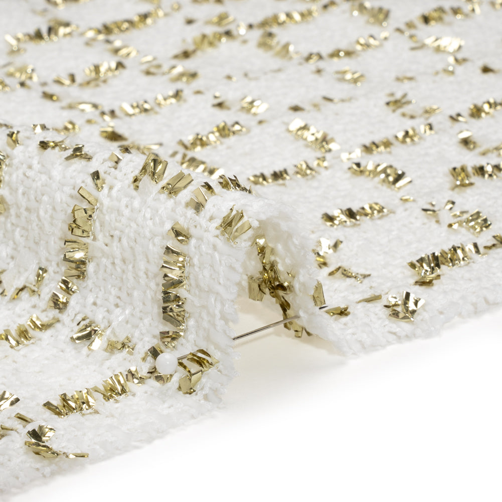 Polyester Boucle Tweed with Plaid Metallic Eyelash Fringe - White and Gold - Deadstock - Detail Polyester Boucle Tweed with Plaid Metallic Eyelash Fringe - White and Gold - Deadstock - Detail