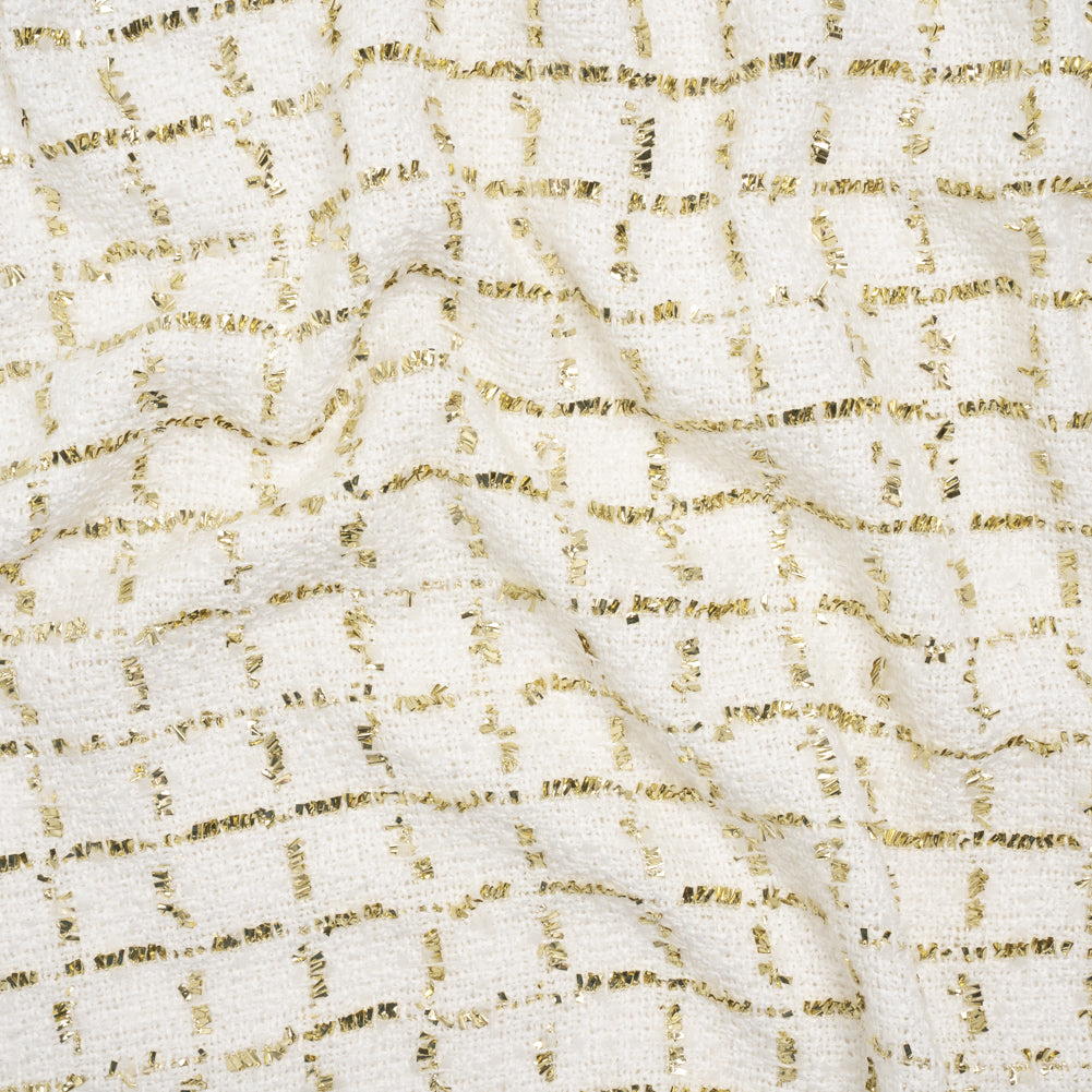 Polyester Boucle Tweed with Plaid Metallic Eyelash Fringe - White and Gold - Deadstock Polyester Boucle Tweed with Plaid Metallic Eyelash Fringe - White and Gold - Deadstock