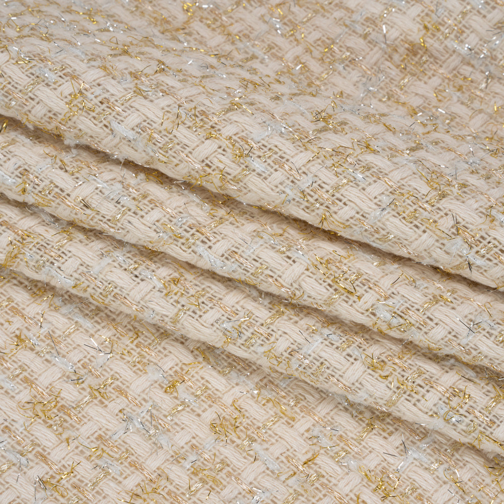 Wool Blend Tweed with Silver and Gold Eyelash Fringe - Cream Checks - Deadstock - Folded Wool Blend Tweed with Silver and Gold Eyelash Fringe - Cream Checks - Deadstock - Folded