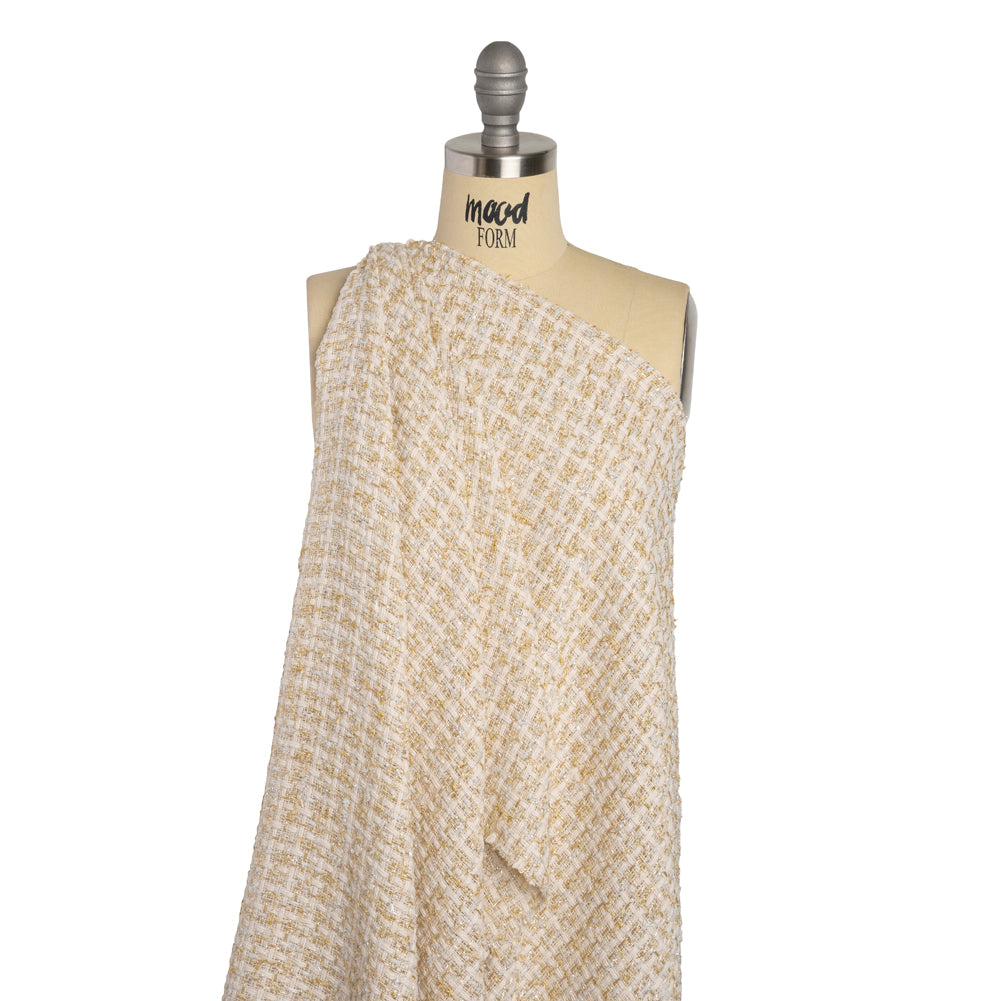 Wool Blend Tweed with Silver and Gold Eyelash Fringe - Cream Checks - Deadstock - Drape Wool Blend Tweed with Silver and Gold Eyelash Fringe - Cream Checks - Deadstock - Drape