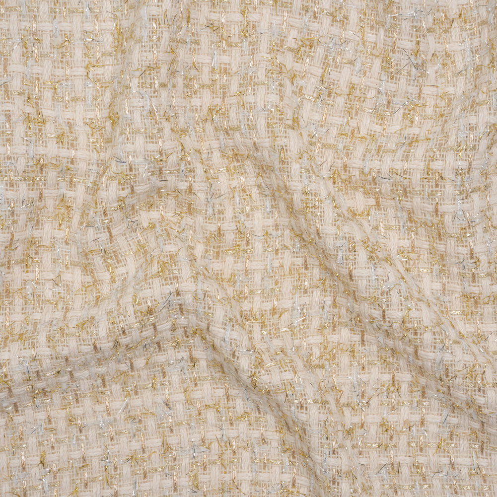 Wool Blend Tweed with Silver and Gold Eyelash Fringe - Cream Checks - Deadstock Wool Blend Tweed with Silver and Gold Eyelash Fringe - Cream Checks - Deadstock