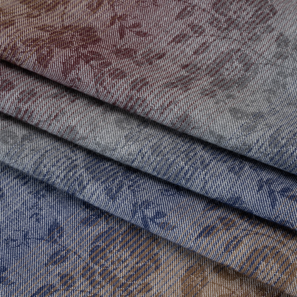 Cotton Twill with Woven Pattern - Blue, Gamboge Yellow and Burgundy Ombre Striped Floral - Deadstock - Folded Cotton Twill with Woven Pattern - Blue, Gamboge Yellow and Burgundy Ombre Striped Floral - Deadstock - Folded