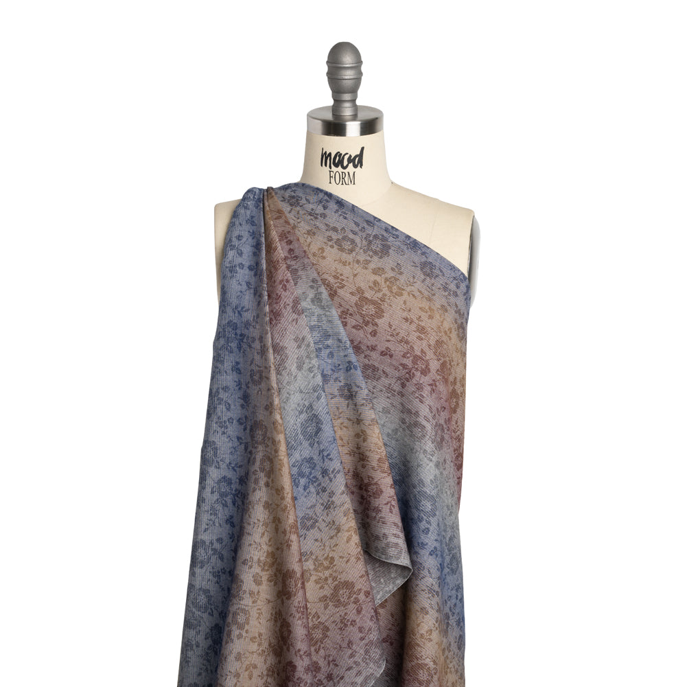 Cotton Twill with Woven Pattern - Blue, Gamboge Yellow and Burgundy Ombre Striped Floral - Deadstock - Drape Cotton Twill with Woven Pattern - Blue, Gamboge Yellow and Burgundy Ombre Striped Floral - Deadstock - Drape