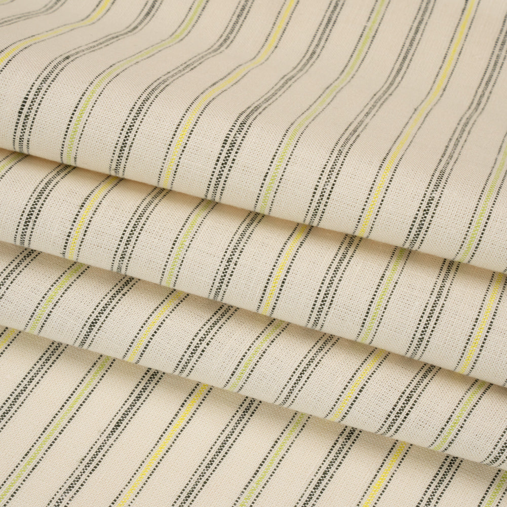 Medium Weight Linen Woven - Cream, Green and Yellow Ticking Stripes Folded Medium Weight Linen Woven - Cream, Green and Yellow Ticking Stripes Folded